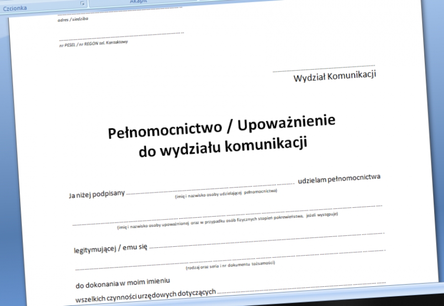 Upoważnienie do wydziału komunikacji wzór Procedura w Firmie