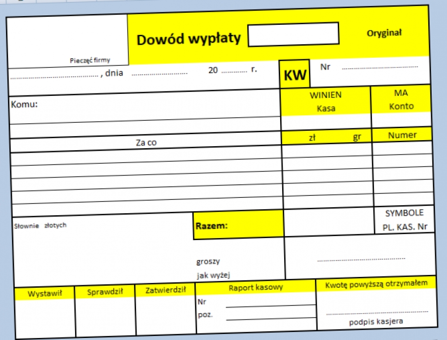 Druk KW kasa wypłaci wzór Excel