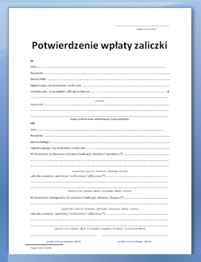 potwierdzenie wpłaty zaliczki wzór