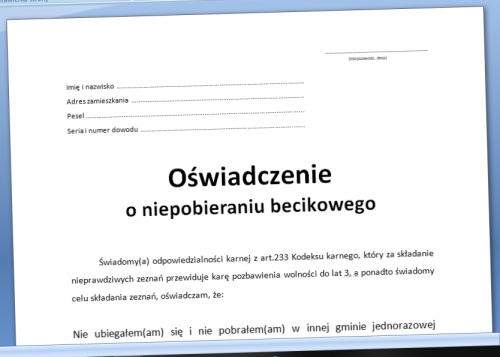 Oświadczenie o niepobieraniu becikowego wzór druk