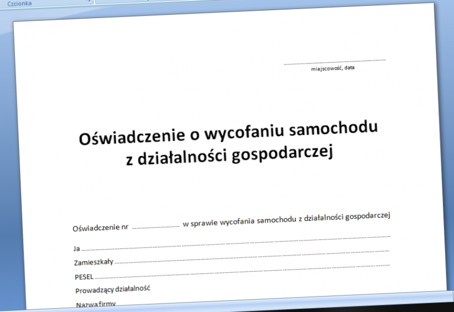 Oświadczenie o wycofaniu samochodu z działalności gospodarczej wzór