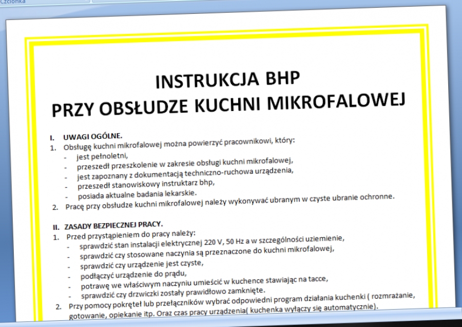 Instrukcja BHP obsługi kuchenki mikrofalowej wzór