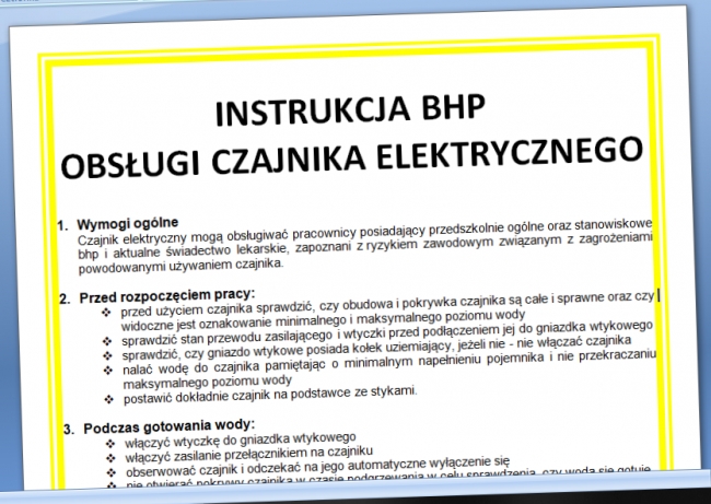 Instrukcja BHP obsługi czajnika elektrycznego wzór druk