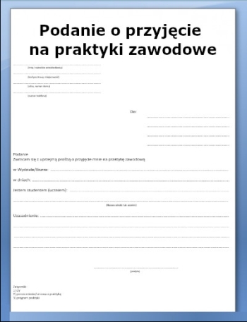 Podanie o przyjęcie na praktyki zawodowe wzór