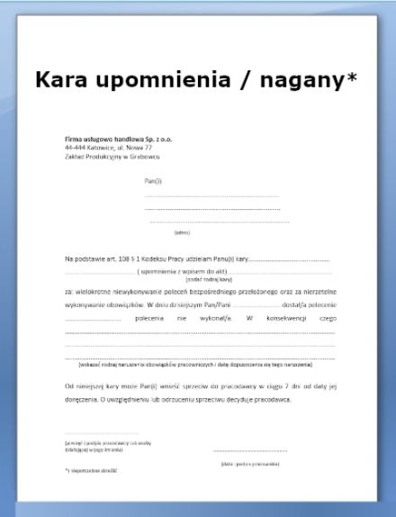 Kara upomnienia  / nagany z wpisem / bez wpisu do akt