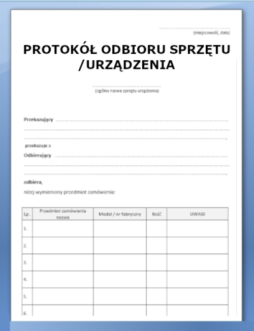 Protokół odbioru sprzętu urządzenia