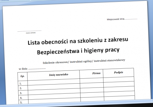 Lista obecności na szkoleniu BHP