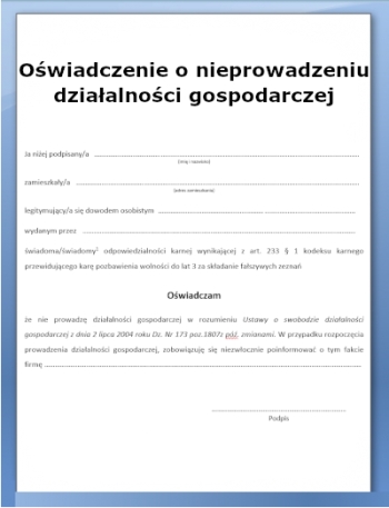 Oświadczenie o nieprowadzeniu działalności gospodarczej