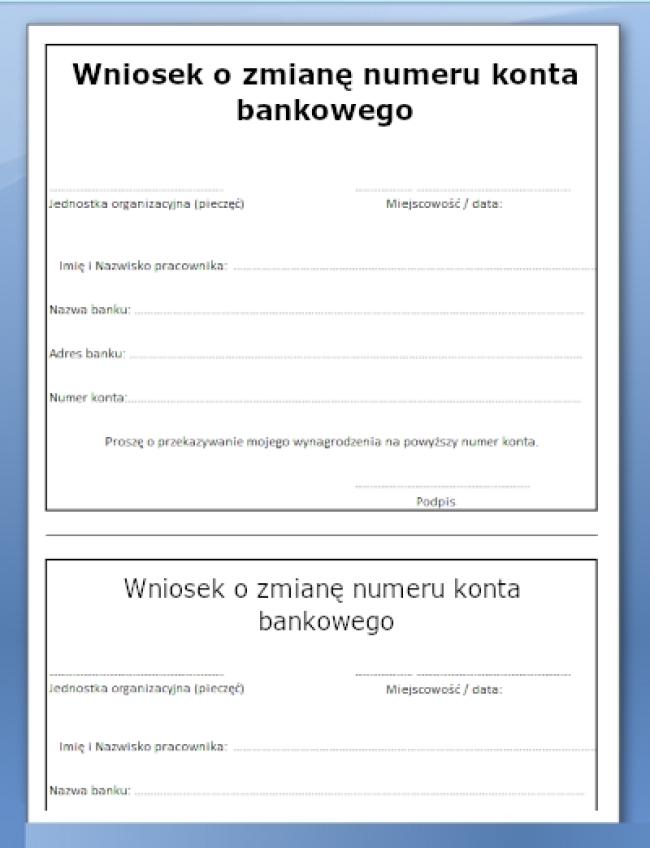 Wniosek o zmianę numeru konta bankowego