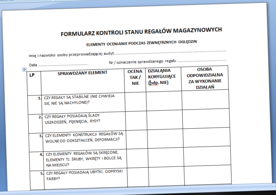 Formularz protokół kontroli stanu regałów magazynowych