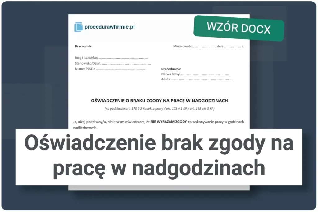 Oświadczenie brak zgody na pracę w nadgodzinach